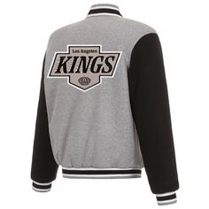 LA Kings JH Design Two-Tone Fleece Grey/Black Sleeve Reversible Jacket Elevate your game day style with the LA Kings JH Design Two-Tone Fleece Grey/Black Sleeve Reversible Jacket. This versatile jacket is designed for die-hard fans who want both style and functionality. Crafted with a sleek grey body and contrasting black sleeves, this jacket offers a modern and athletic look. The reversible design gives you two distinct styles in one piece: a bold team-colored look on one side and a more subtle Winter Varsity Jacket For Fan Gear With Team Spirit, Collegiate Track Jacket For Game Day In Winter, Winter Varsity Jacket For Team Spirit, Collegiate Winter Track Jacket For Game Day, Winter Varsity Jacket For Fan Gear, Collegiate Style Track Jacket For Game Day In Winter, Black Varsity Jacket For Game Day In Winter, Black Winter Varsity Jacket For Game Day, Sporty Black Outerwear With Team Name