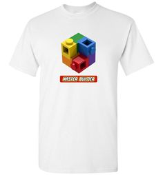 a white t - shirt with the words master builder in red and yellow on it