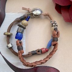 Two Strand Bracelet. Both Leather, One Braided With Lapis, Trade And Beads. The Other Strand Has Metal And African Trade Beads. Sundance Jewelry, African Trade Beads, Have Metal, Trade Beads, Strand Bracelet, Womens Jewelry Bracelets, Blue Brown, Handmade Jewelry, Women Jewelry