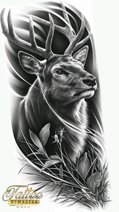 a black and white drawing of a deer with antlers on it's head