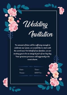 a wedding card with pink flowers and leaves on the front, in navy blue background