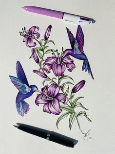 a drawing of purple flowers and hummingbirds on a white paper with a pen next to it