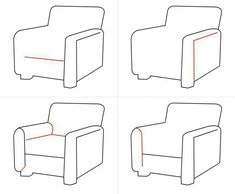 four different views of a chair with red lines on the armrests and back