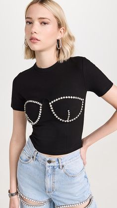 Area Crystal Bustier Cup T-Shirt | Shopbop Fitted Rhinestone Tops For Summer, Fitted Tops With Rhinestones For Summer, Embellished T-shirt For Night Out, Embellished Short Sleeve T-shirt For Party, Embellished Short Sleeve T-shirt For Night Out, Fitted Rhinestone Crew Neck T-shirt, Embellished Short Sleeve Tops For Night Out, Fitted Short Sleeve Crop Top For Party, Fitted Short Sleeve Crop Top For Night Out