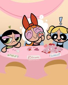 the powerpuff girls eating cake together at a table with bubbles on it and bubbles blowing out