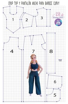 the doll is wearing overalls and has her measurements cut out to make it look like she