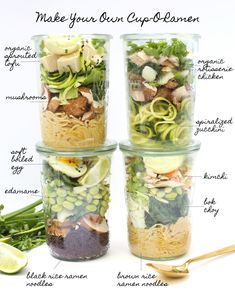 three glass containers filled with food and labeled in the words make your own cup - balmen