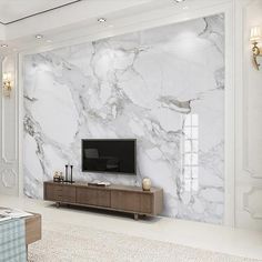 an elegant living room with marble walls and flooring is pictured in this rendering image