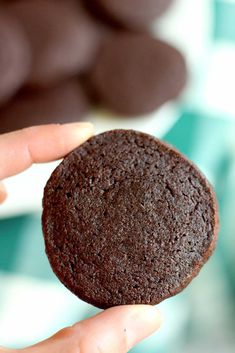 a person holding a chocolate cookie in their hand