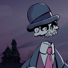 a cartoon skeleton wearing a hat and tie