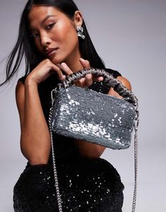 Neck chain by ASOS DESIGN Bagging compliments Ruched design Sequin embellishment Top handle Detachable crossbody strap Can be worn on the shoulder or across the body Silver Sequined Evening Bag, Glamorous Sequin Shoulder Bag, Luxury Silver Sequin Bag, Party Shoulder Bag With Silver-tone Hardware In Metallic Silver, Glamorous Silver-tone Clutch Evening Bag, Jane Dress, Clutches, Wide Jeans, Silver Sequin