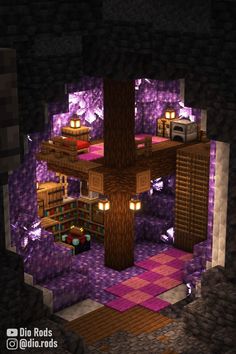 an image of a room in minecraft with purple walls and flooring that looks like it is made out of wood