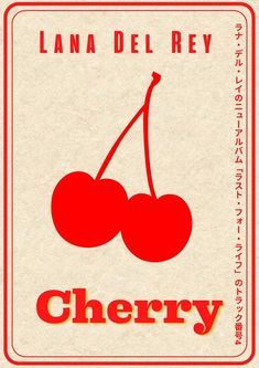 a card with two cherries on it and the word cherry written in red ink