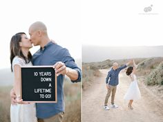 a man and woman holding up a sign that says 10 years down, a life time to go