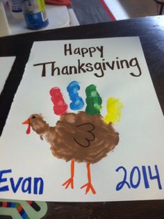 a child's handprinted thanksgiving card with a turkey on it and the words happy thanksgiving evan