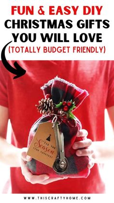 a person holding a christmas gift bag with the words fun and easy diy christmas gifts you