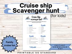 the cruise ship scavenger hunt for kids is shown on a wooden table with blue ribbon