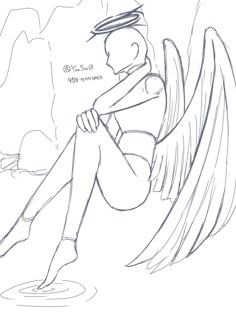 a drawing of an angel sitting on the ground with his legs crossed and wings spread