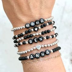 🔹 Design the custom name beaded bracelet that you have always wanted! These stacking mama bracelets can be personalized so you can get exactly what you want. 🔹They are made with 4mm frosted black agate beads, 18k gold plated beads, 18k gold filled beads, sterling silver beads or rose gold beads and then strung together with a strong elastic cord. 🔹Please add each bracelet style separately to your cart. They will be sent to you as a stack. If you want all seven bracelets, please choose the option for all seven bracelets, otherwise you will receive the single styles that you purchased. 🔹Each custom beaded bracelet stack is packed in an organza bag and a handwritten message can also be included. It makes the perfect gift for yourself or for Christmas, a baby shower, new mom, Mother's Day, Personalized Beaded Bracelets For Birthday, Personalized Round Beads Friendship Bracelets For Birthday, Personalized Round Beads Friendship Bracelet For Birthday, Personalized Black Friendship Bracelets With Round Beads, Personalized Beaded Bracelets As Gifts, Custom Name Bracelet With Round Beads For Birthday Gift, Custom Name Bracelet With Round Beads For Birthday, Customizable Name Bracelet With Round Beads For Personalized Gift, Customizable Name Bracelet With Round Beads As Personalized Gift