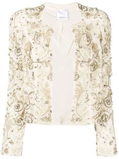 baroque-embellished cardigan from ZUHAIR MURAD featuring ivory white, silk blend, knitted construction, baroque-pattern print, crystal embellishment, faux-pearl embellishment, front button fastening and long sleeves. | ZUHAIR MURAD Baroque-Embellished Cardigan Elegant Cream Cardigan For Formal Occasions, Elegant Hand Embellished Long Sleeve Outerwear, Embellished Long Sleeve Cardigan, Elegant Long Sleeve Hand Embellished Outerwear, Elegant Cream Cardigan For Wedding, Embellished Silk Outerwear, Elegant Fitted Hand-embellished Outerwear, Elegant Fitted Hand Embellished Outerwear, White Elegant Formal Cardigan