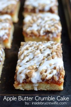 apple butter crumble cake with white icing on top