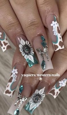 Western | Nail inspo Teal Acrylic Nails, Halo Nails, Mexican Nails, Quince Nails, Turquoise Nails, Purple Acrylic Nails