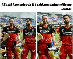 three different shots of a man in red and black cricket uniforms with the caption'ab said i am going & i said i am coming with you - virat