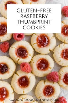 gluten - free raspberry thumbprint cookies on a white plate with the words gluten - free raspberry thumbprint cookies