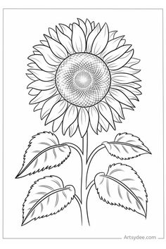 Sunflower coloring page with detailed petals and leaves.