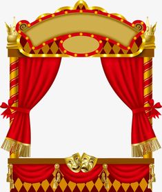 a red and gold stage curtain with a golden mask on it's head, in front of a white background