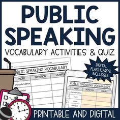 a poster with the words public speaking and an image of a clock on top of it