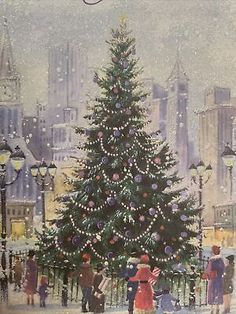 a painting of people standing around a christmas tree