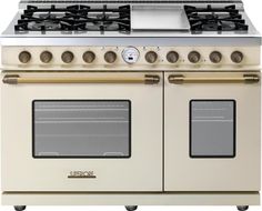 Superiore Deco 48 Dual Fuel Double Oven Freestanding Range in Cream Matte with Bronze Trim (RD482SCC_B_) Ranges Superiore Dual Oven, Electric Griddle, Steam Oven, Dual Fuel Ranges, Iron Grate, Gas Oven, Electric Oven, Gas Range, Double Oven