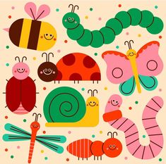 the very cute caterpillars and bugs are all grouped together in this illustration