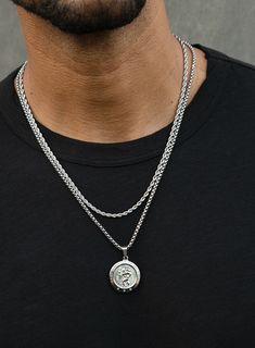 Necklace Set: Silver Rope Chain and St. Christopher Necklace Necklaces WE ARE ALL SMITH: Men's Jewelry & Clothing. Saint Christopher Necklace, Necklace Set Silver, St Christopher Necklace, Streetwear Jewelry, St Christopher Medal, Silver Rope Chain, Western Clothing, St Christopher, Leather Corded Necklace