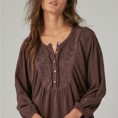 Women’s Lucky Brand Long Sleeve Embroidered Yoke Top Size Small. Color �“Huckleberry” (Like Deep Purple). Nwt. Never Worn. So Cute! Brown Floral Embroidery Blouse For Fall, Fall Floral Embroidery Brown Blouse, Fall Floral Embroidered Brown Blouse, Brown Floral Embroidered Blouse For Fall, Fall Blouse With Tonal Embroidery, Lucky Brand Outfits, Brand Outfits, Western Blouse, Yoke Top