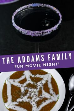 Watch the classic The Addams Family movie while enjoying these Addams Family inspired recipes! For dinner, make up a cheesy pumpkin soup with a cream spider web drawn on top. For the drink, shake up this dark purple cocktail that is extra spooky when the glass is given a purple sugar rim. These recipes are also perfect for Halloween! Addams Family Movie Night, Dark Purple Cocktail, The Addams Family Movie, Addams Family Movie, Purple Cocktails, Cranberry Cheese