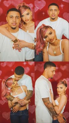 the couple is posing for pictures together in front of heart - shaped backdrops with their arms around each other