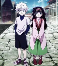 two anime characters standing next to each other on a cobblestone road with buildings in the background