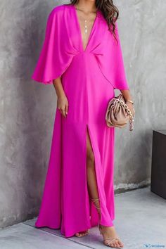 OrcaJump - Stylish Rose Red Patchwork V-Neck Long Dress for Casual Occasions Bat Sleeves Dress, Side Split Maxi Dress, Loose Maxi Dress, Elegant Pattern, High Waist Dress, Split Maxi Dress, A Line Dresses, Loose Outfit, Maxi Dress With Sleeves