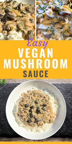 vegan mushroom sauce in a white bowl on top of rice