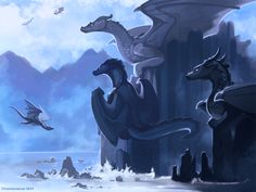 two dragon statues in front of a mountain range with birds flying above them and another creature on the other side