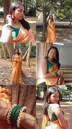 a woman in an orange and green sari is posing for the camera with her hands on her hips