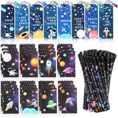 PRICES MAY VARY. What you get: outer space galaxy party favor set includes 100 pieces pencils in different styles,8 different patterns of 24 mini Spiral notepads and 24 pieces bookmarks in 12 styles. These will surely be a big hit at Planet Birthday Theme party. A very dazzling Science Astronaut Ship Rocket themed party bag filler provides something that boys and girls will love Space Theme: the space theme sets are designed with astronaut images and out-space elements, such as astronauts, rockets, planets, flying saucers,so vivid color and clear pattern, printed with inspirational letters and sentences,which look exqusite and beautiful, will be loved by both kids and adults, also can be applied as delicate party supplies Practical design: the pencil is made of quality graphite with smooth Astronaut Images, Science Themed Party, Planet Birthday, Graduation 2025, Galaxy Party, Outer Space Theme, Charm Bookmark, Mini Notepad, Space Birthday Party