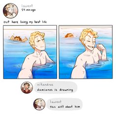 the comic strip shows two men swimming in the water and one is talking to each other