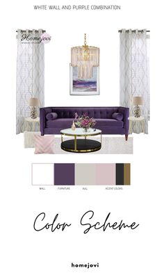 the color scheme for a living room with purple furniture and chandelier in it