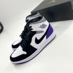 Nike Air Jordan 1 Mid Se “Varsity Purple” Men’s Size: 9 Colorway: White/Court Purple/Black White Leather Upper With Black Suede Overlays Around The Forefoot And Purple Suede Paneling On The Heels. New With Box Purple And Black Jordans, Purple Nike Shoes, Aespa Concert, Lavender Shoes, Concert Style, Nike Shoes Girls, Black Nike Shoes, Air Jordan 1 Mid Se, Black Jordans