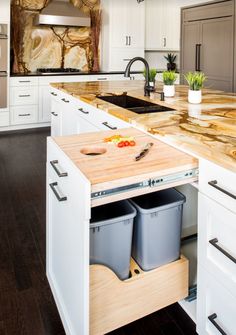 a kitchen with white cabinets and wooden counter tops, two trash cans under the sink