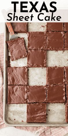 chocolate texas sheet cake is cut into squares