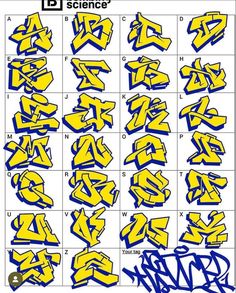 some type of graffiti alphabet with blue and yellow letters on it, all in different sizes